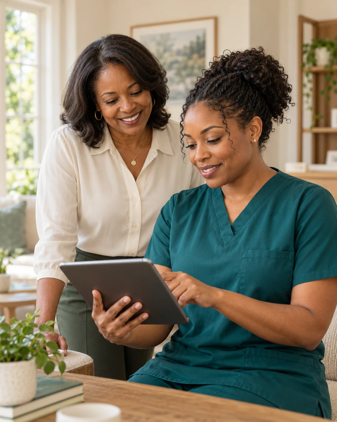 Illustrative scene of a nurse and agency coordinator reviewing a tablet in a bright home setting