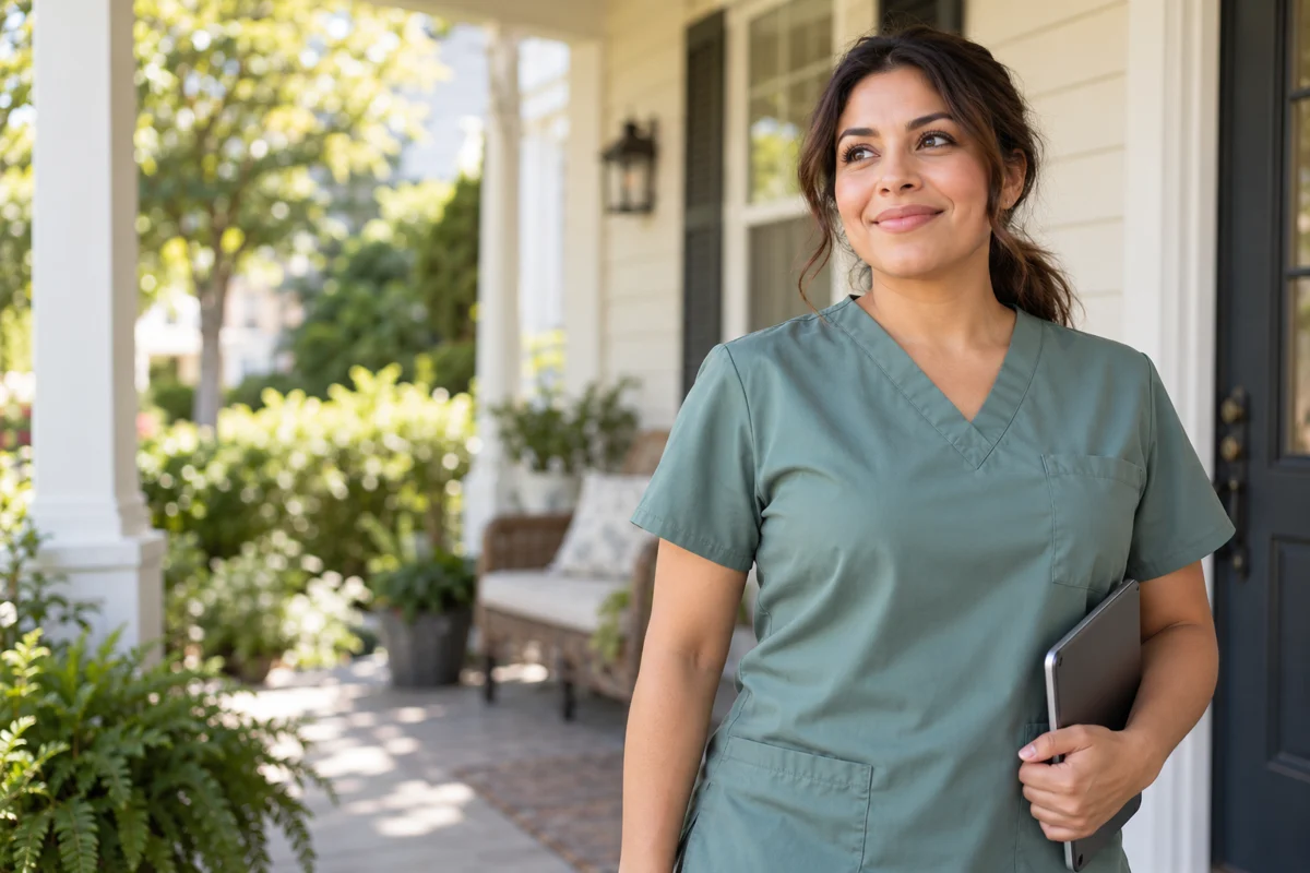 Illustrative portrait of a nurse with a tablet on a sunny home porch